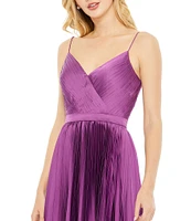 Mac Duggal Satin Surplice V-Neck Sleeveless Flowy Pleated Midi Dress