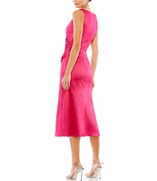 Mac Duggal Satin Surplice V-Neck Sleeveless Thigh High Slit Ruched Faux Wrap Midi Dress