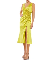 Mac Duggal Satin Surplice V-Neck Sleeveless Thigh High Slit Ruched Faux Wrap Midi Dress