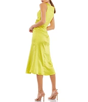 Mac Duggal Satin Surplice V-Neck Sleeveless Thigh High Slit Ruched Faux Wrap Midi Dress