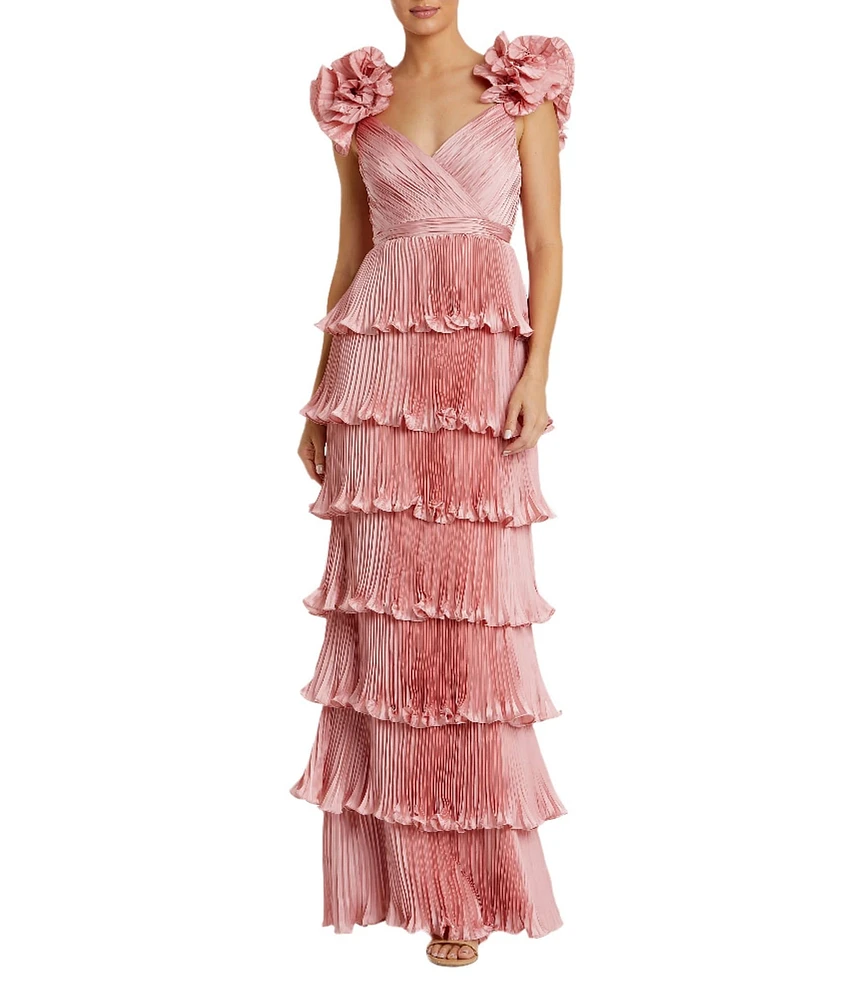 Mac Duggal Satin Sweetheart Neck Ruffle Cap Sleeve Tiered Pleated Fit and Flare Gown