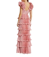 Mac Duggal Satin Sweetheart Neck Ruffle Cap Sleeve Tiered Pleated Fit and Flare Gown