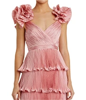 Mac Duggal Satin Sweetheart Neck Ruffle Cap Sleeve Tiered Pleated Fit and Flare Gown