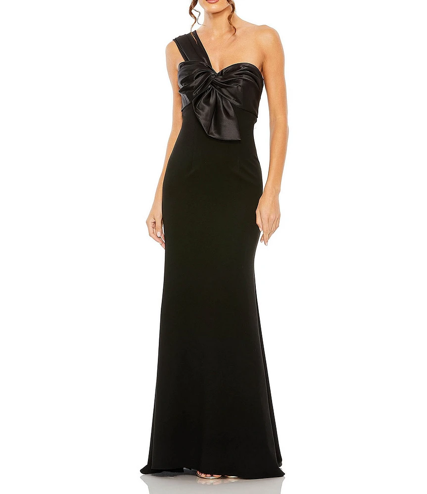 Mac Duggal Satin Tie Front Detail One Shoulder Sleeveless Draped Trumpet Gown