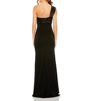 Mac Duggal Satin Tie Front Detail One Shoulder Sleeveless Draped Trumpet Gown