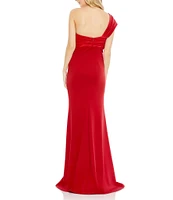 Mac Duggal Satin Tie Front Detail One Shoulder Sleeveless Draped Trumpet Gown