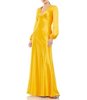 Mac Duggal Satin V-Neck Long Sleeve Column Dress