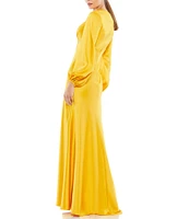 Mac Duggal Satin V-Neck Long Sleeve Column Dress