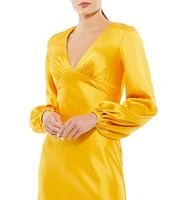 Mac Duggal Satin V-Neck Long Sleeve Column Dress