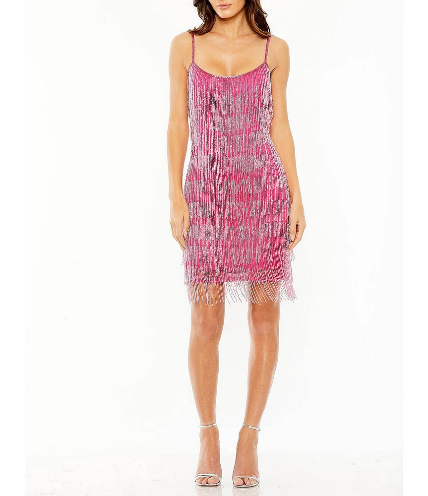 Mac Duggal Scoop Neck Beaded Fringe Mini Dress