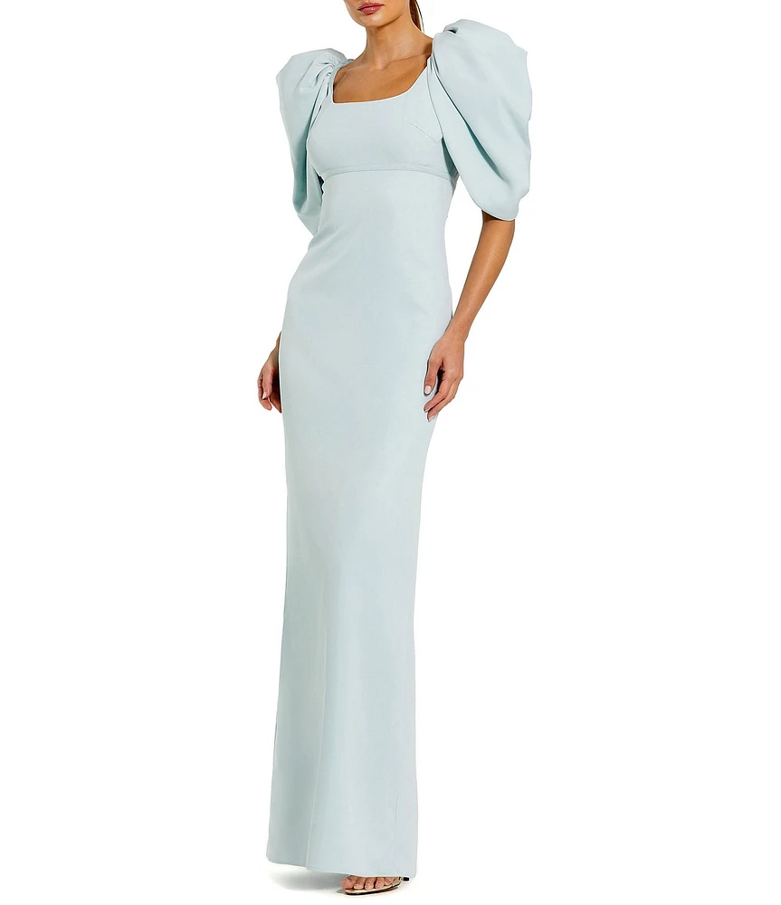 Mac Duggal Scoop Neck Dramatic Puff Sleeve Crepe Gown