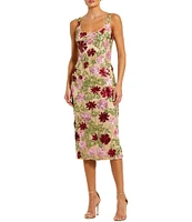 Mac Duggal Scoop Neck Floral Beaded Mesh Sheath Midi Dress