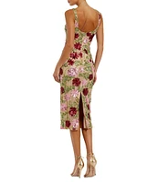 Mac Duggal Scoop Neck Floral Beaded Mesh Sheath Midi Dress