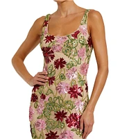 Mac Duggal Scoop Neck Floral Beaded Mesh Sheath Midi Dress