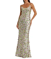Mac Duggal Scoop Neck Floral Pailletee Embellished Mesh Column Gown