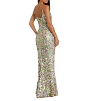 Mac Duggal Scoop Neck Floral Pailletee Embellished Mesh Column Gown