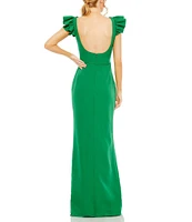 Mac Duggal Scoop Neck Ruffle Shoulder Crepe Column Gown