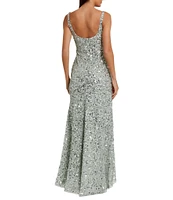 Mac Duggal Scoop Neck Sequined Sheath Gown