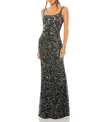 Mac Duggal Scoop Neck Sequined Sheath Gown