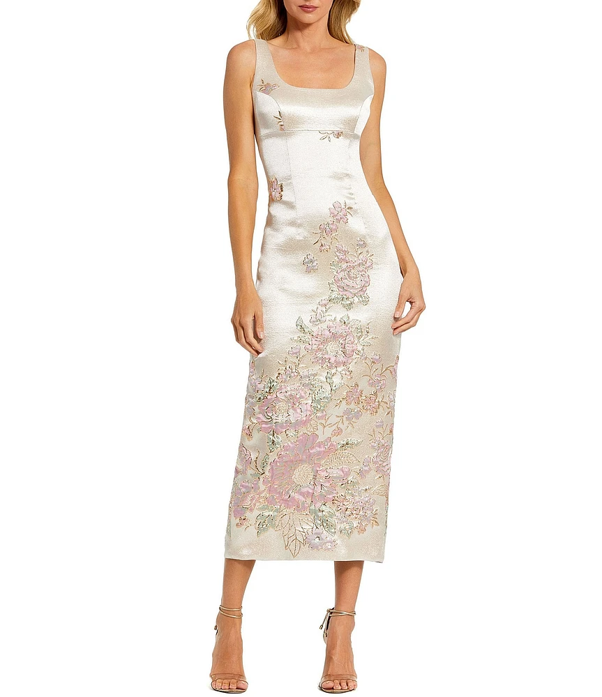 Mac Duggal Scoop Neck Sleeveless Floral Brocade Sheath Midi Dress