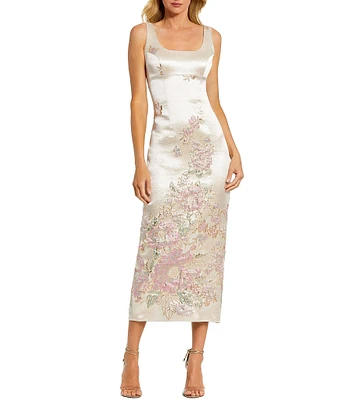 Mac Duggal Scoop Neck Sleeveless Floral Brocade Sheath Midi Dress