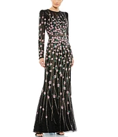 Mac Duggal Sequin and Beaded Crew Neck Long Sleeve Gown