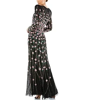 Mac Duggal Sequin and Beaded Crew Neck Long Sleeve Gown