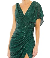 Mac Duggal Sequin Asymmetrical Drape Back V-Neck One Short Sleeve Gathered Side Gown