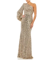 Mac Duggal Sequin Asymmetrical One Long Bishop Sleeve Sheath Gown