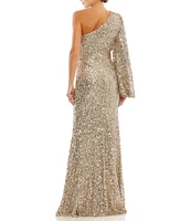 Mac Duggal Sequin Asymmetrical One Long Bishop Sleeve Sheath Gown