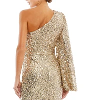 Mac Duggal Sequin Asymmetrical One Long Bishop Sleeve Sheath Gown