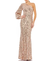 Mac Duggal Sequin Asymmetrical One Long Bishop Sleeve Sheath Gown