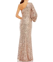 Mac Duggal Sequin Asymmetrical One Long Bishop Sleeve Sheath Gown