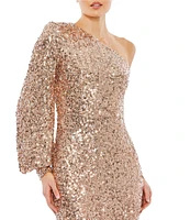 Mac Duggal Sequin Asymmetrical One Long Bishop Sleeve Sheath Gown