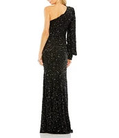 Mac Duggal Sequin Asymmetrical One Long Bishop Sleeve Sheath Gown