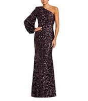 Mac Duggal Sequin Asymmetrical One Long Bishop Sleeve Sheath Gown