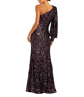 Mac Duggal Sequin Asymmetrical One Long Bishop Sleeve Sheath Gown