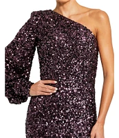 Mac Duggal Sequin Asymmetrical One Long Bishop Sleeve Sheath Gown