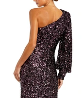 Mac Duggal Sequin Asymmetrical One Long Bishop Sleeve Sheath Gown