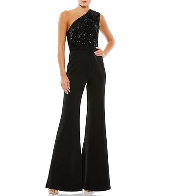 Mac Duggal Sequin Asymmetrical One Shoulder Sleeveless Satin Flare Leg Jumpsuit