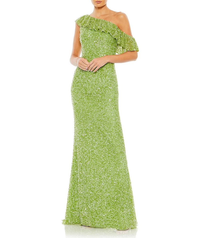 Mac Duggal Sequin Asymmetrical Ruffle Neck Short Sleeve Gown
