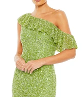 Mac Duggal Sequin Asymmetrical Ruffle Neck Short Sleeve Gown