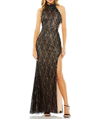 Mac Duggal Sequin Beaded Halter Neck Sleeveless Side Cut-Out Gown