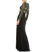 Mac Duggal Sequin Beaded Mesh Boat Neck Long Sleeve Gown