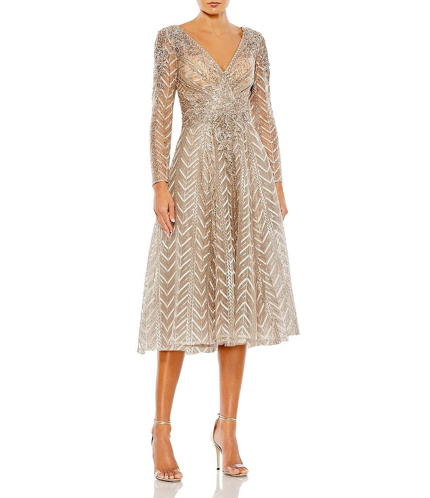Mac Duggal Sequin Beaded Surplice V-Neck Long Sleeve A-Line Dress