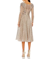 Mac Duggal Sequin Beaded Surplice V-Neck Long Sleeve A-Line Dress
