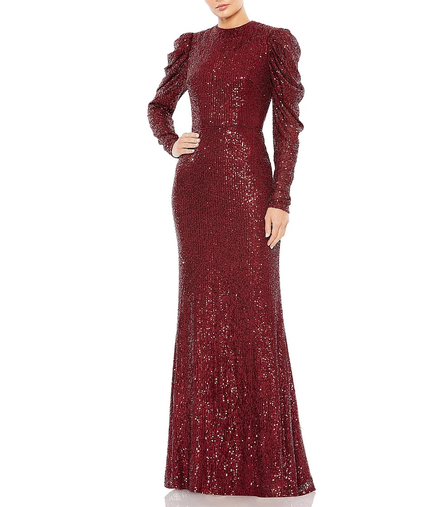 Mac Duggal Sequin Crew Neck Long Puff Drape Sleeve Sheath Gown