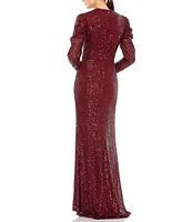 Mac Duggal Sequin Crew Neck Long Puff Drape Sleeve Sheath Gown