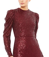 Mac Duggal Sequin Crew Neck Long Puff Drape Sleeve Sheath Gown