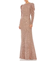 Mac Duggal Sequin Crew Neck Long Puff Drape Sleeve Sheath Gown